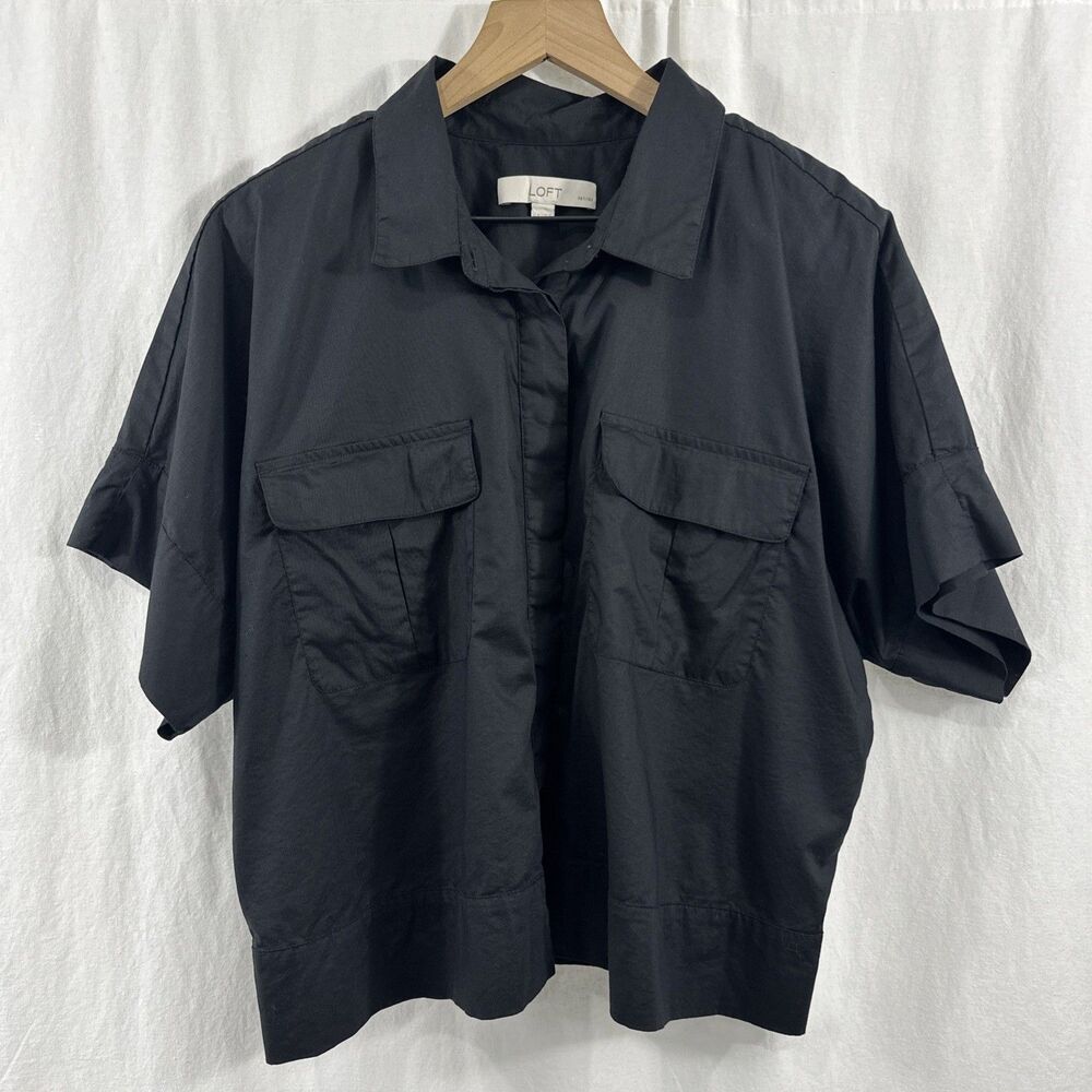 Loft Black Oversized Boxy Minimalist Pockets Short Sleeve Shirt Womens Size XLP